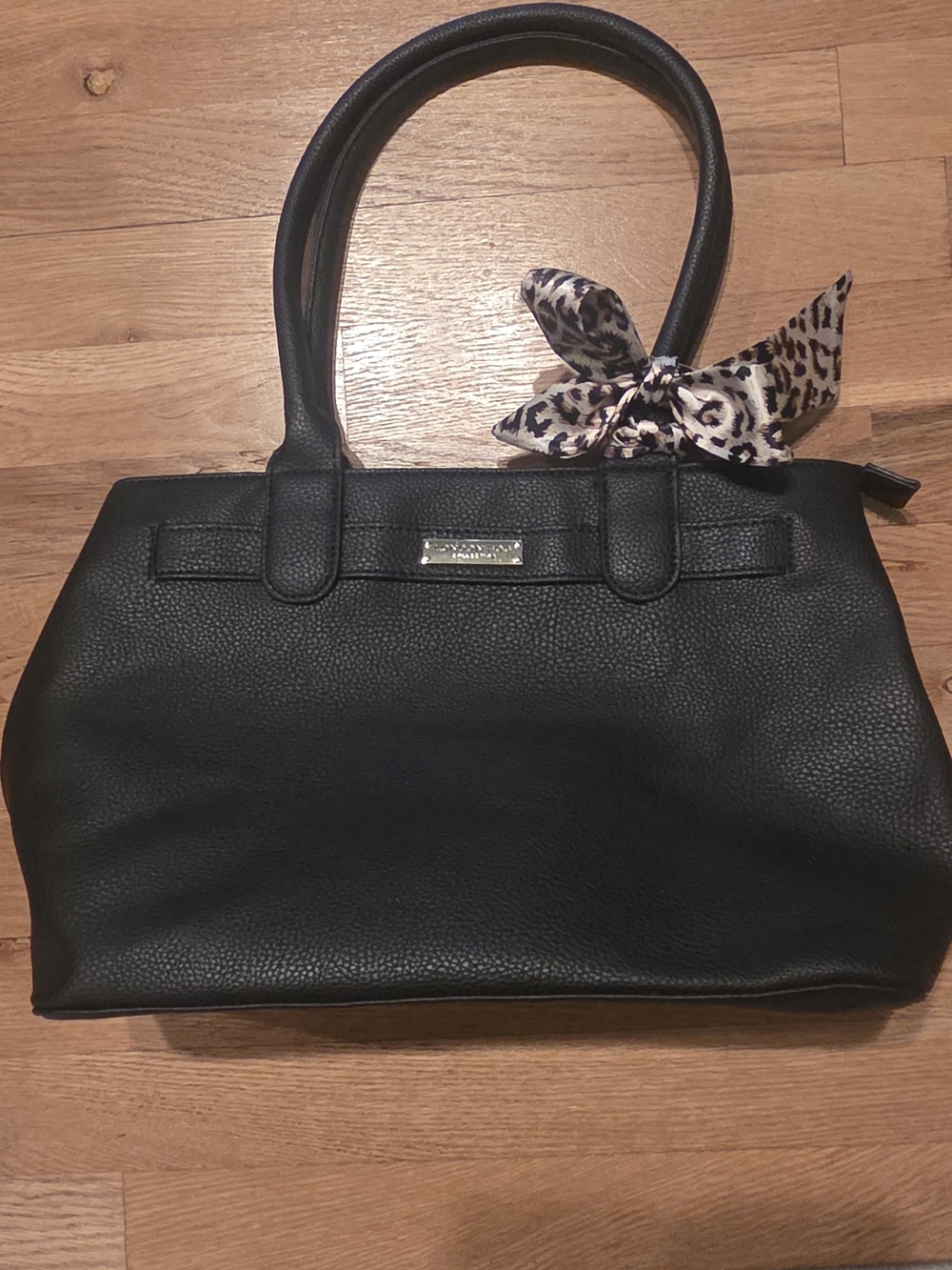 London Fog Collection Black Pebbled Faux Leather Satchel Tote Bag 14”